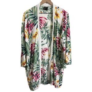 Free Press Tropical Palm Floral Kimono Open Front Cardigan OS